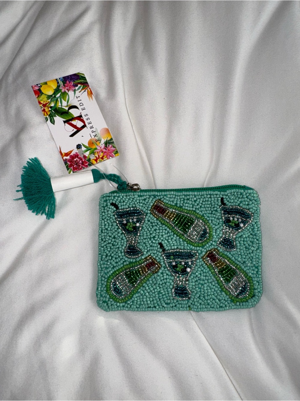 Green Champagne Bottle Beaded Zipper Pouch New with Tags